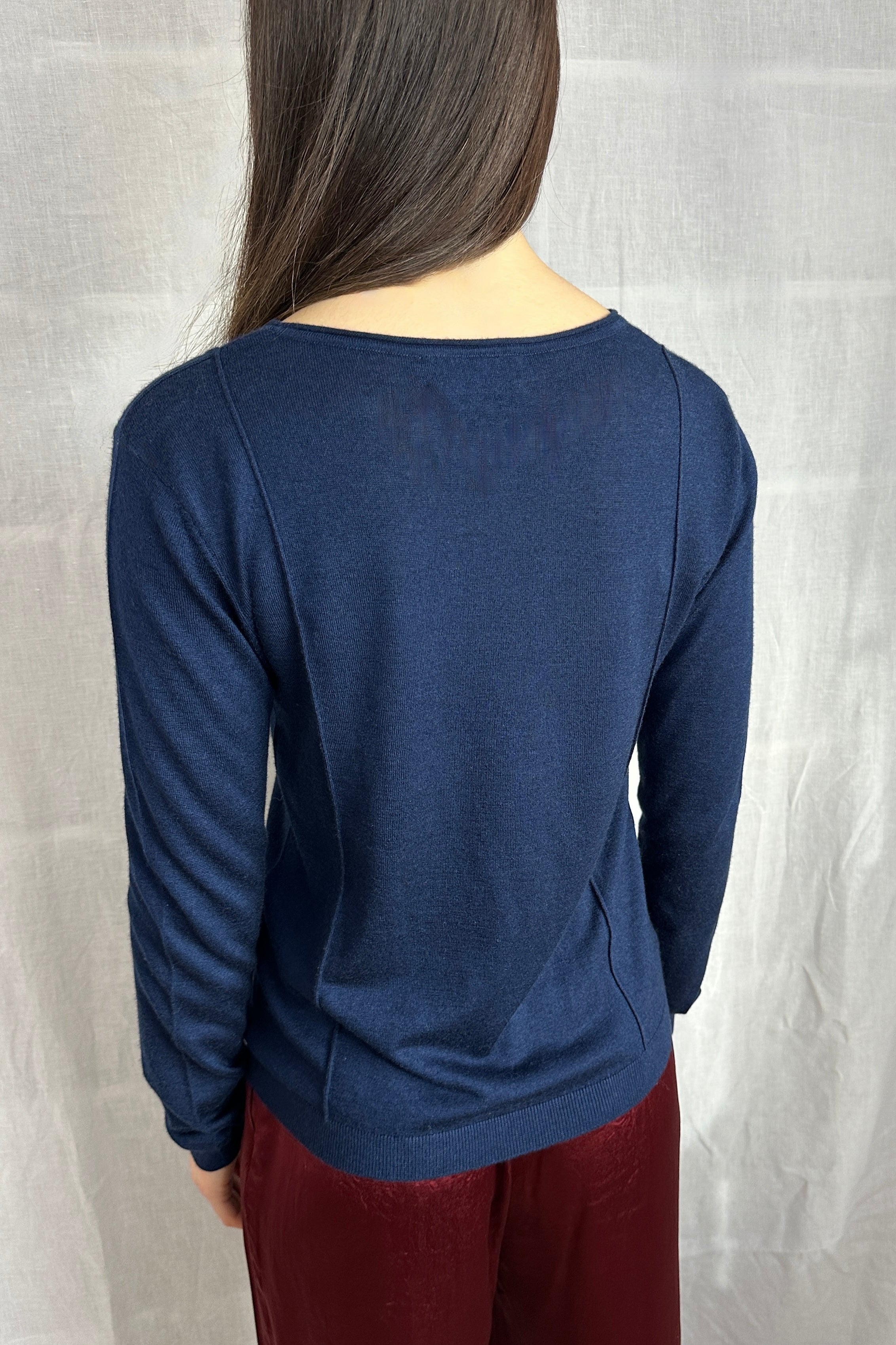 Stina navy round neck cashmere silk  top back view