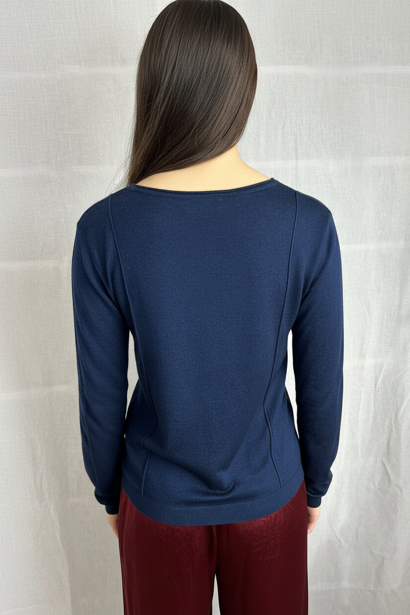 Stina navy round neck cashmere silk  top back view