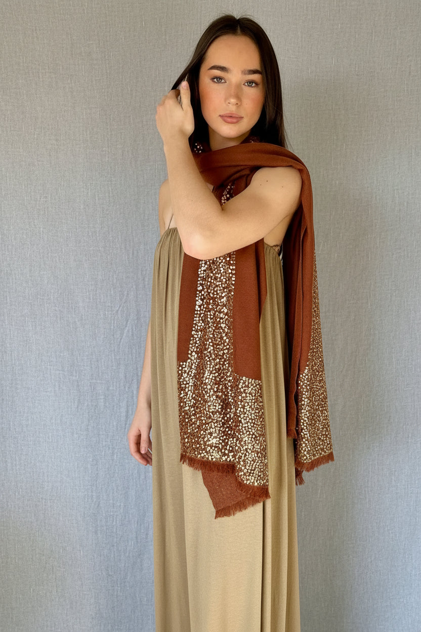 Model in sequin scarf brown cashmere gold embellishment