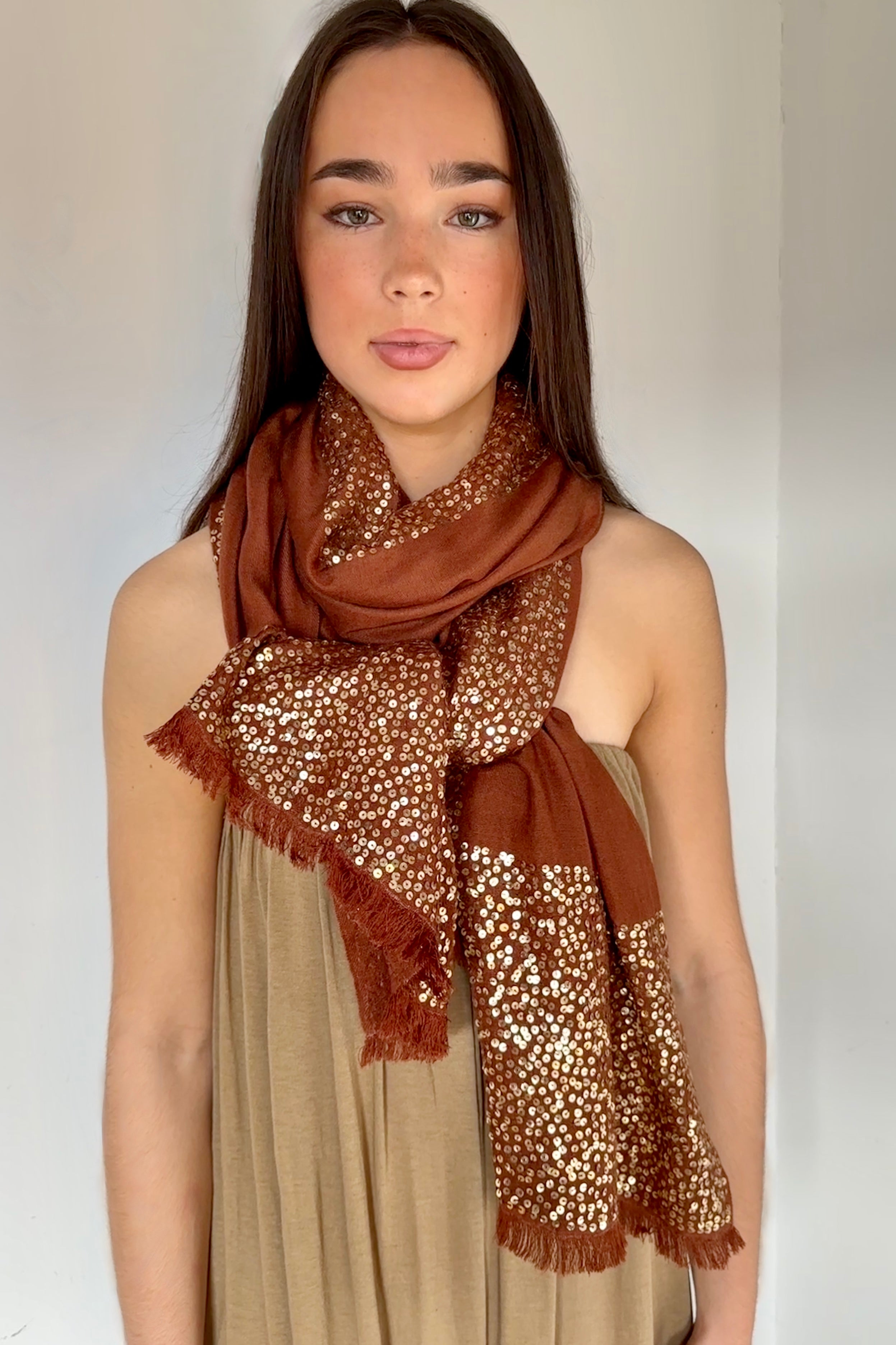 model in nut brown cashmere silk sequin scarf