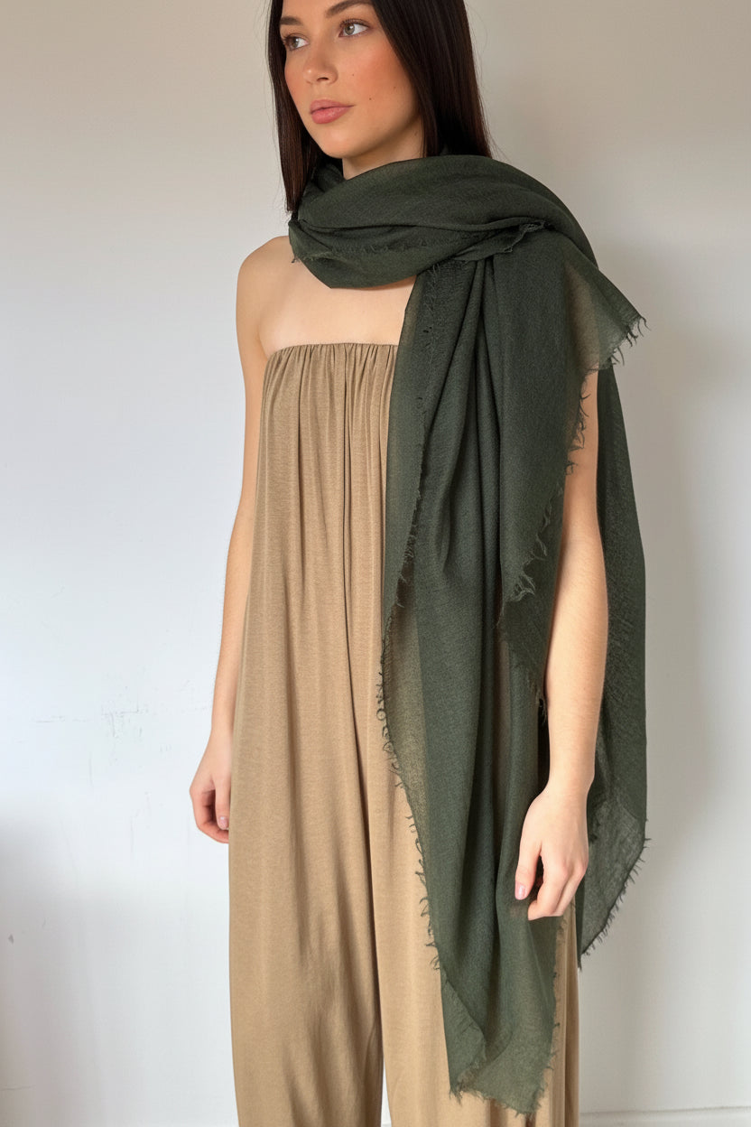 model in dark green marmee cashmere scarf