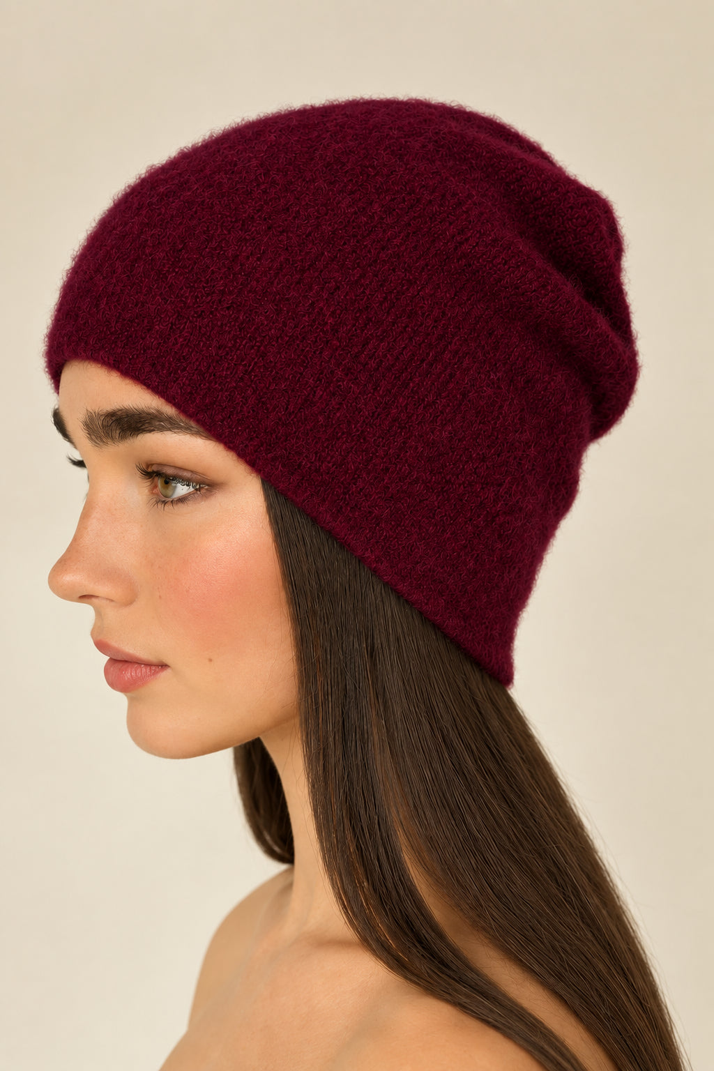 model in beanie cashmere hat in burgundy wine
