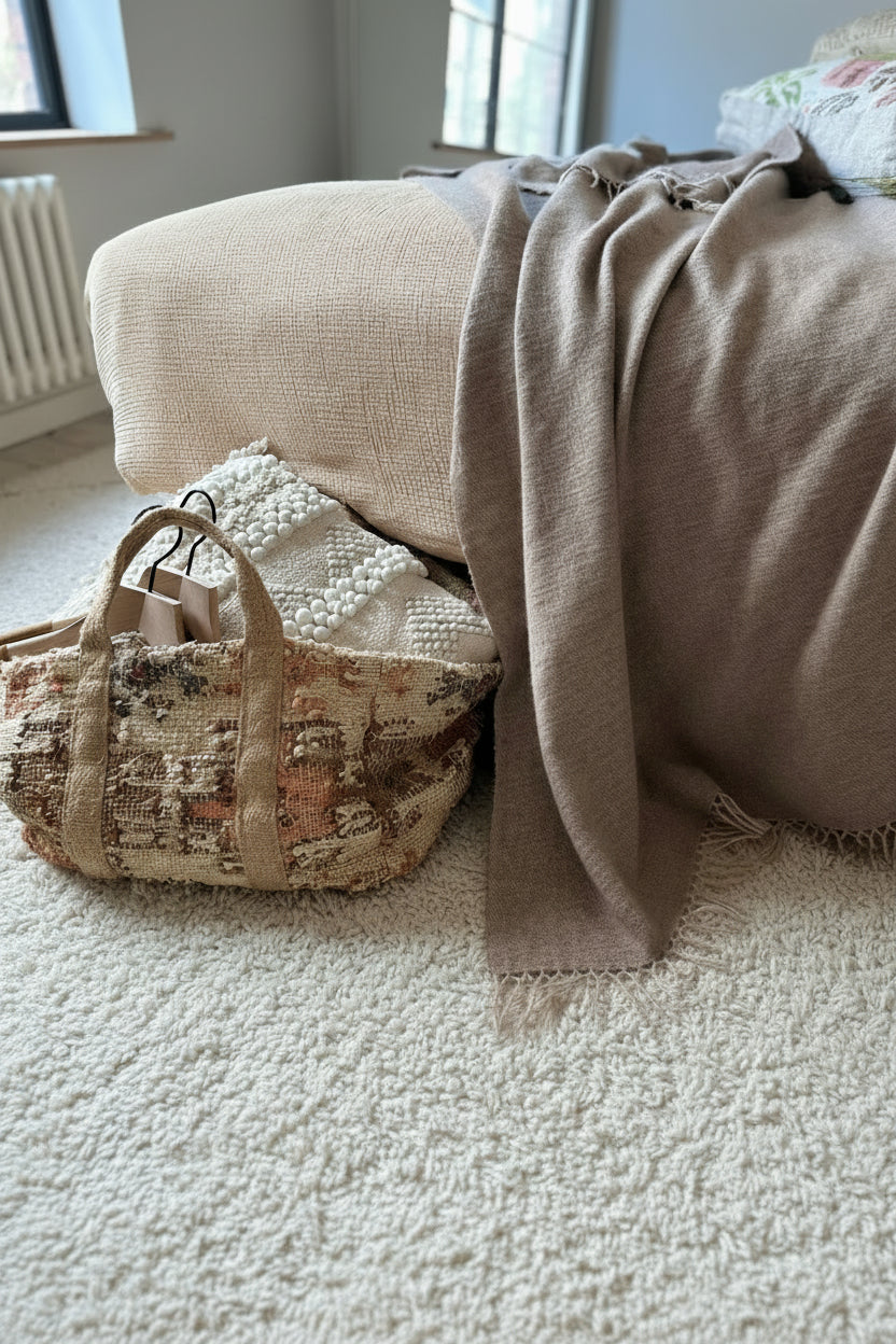 Textile items including a woven basket and a blanket on a surface with a neutral color palette.