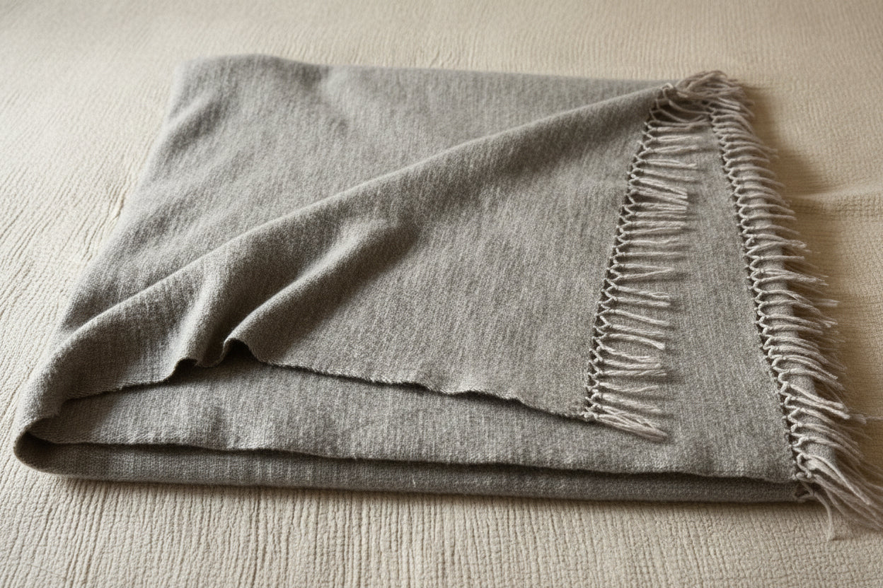 Close-up of gray beige cashmere fabric with a focus on stitching detail on a beige background