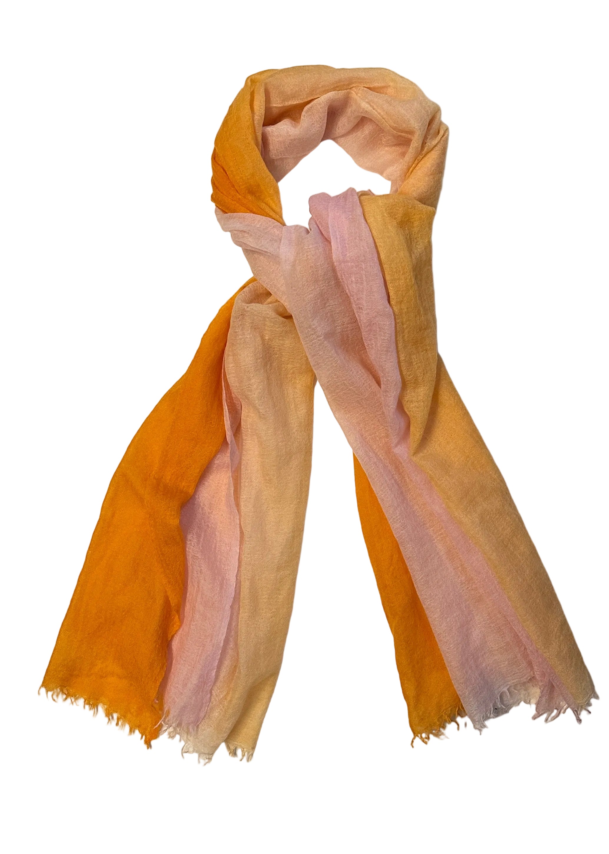 Multicolored scarf with orange, pink, and yellow hues on a white background