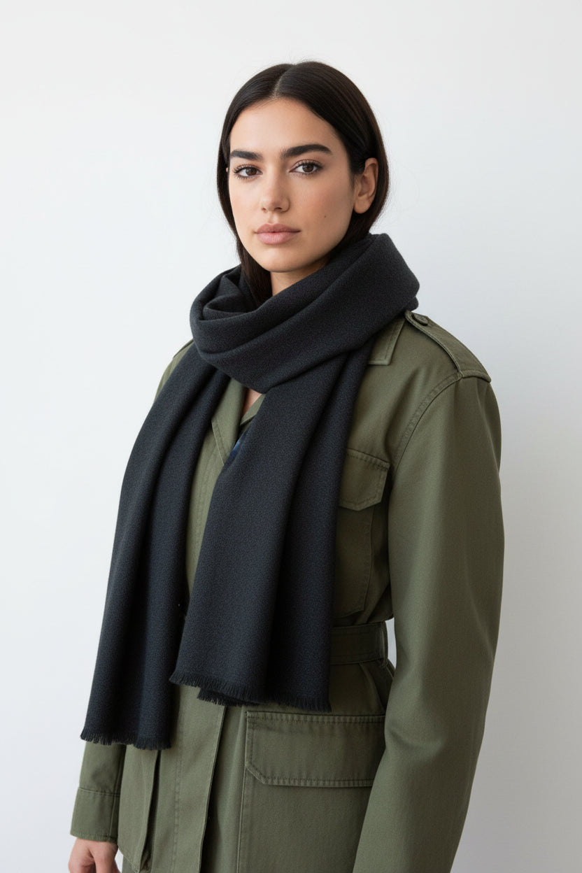 Kitty cashmere grey nightshade  scarf on a model against a white background