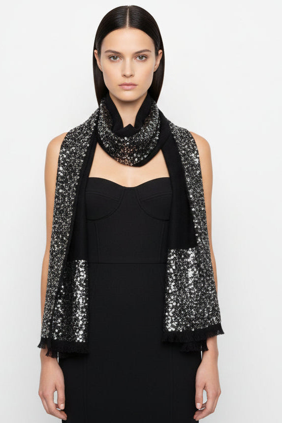 model in black glimmer scarf with pewter sequins