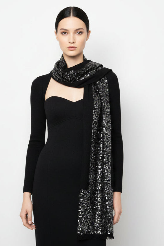model in black sequin glimmer scarf  