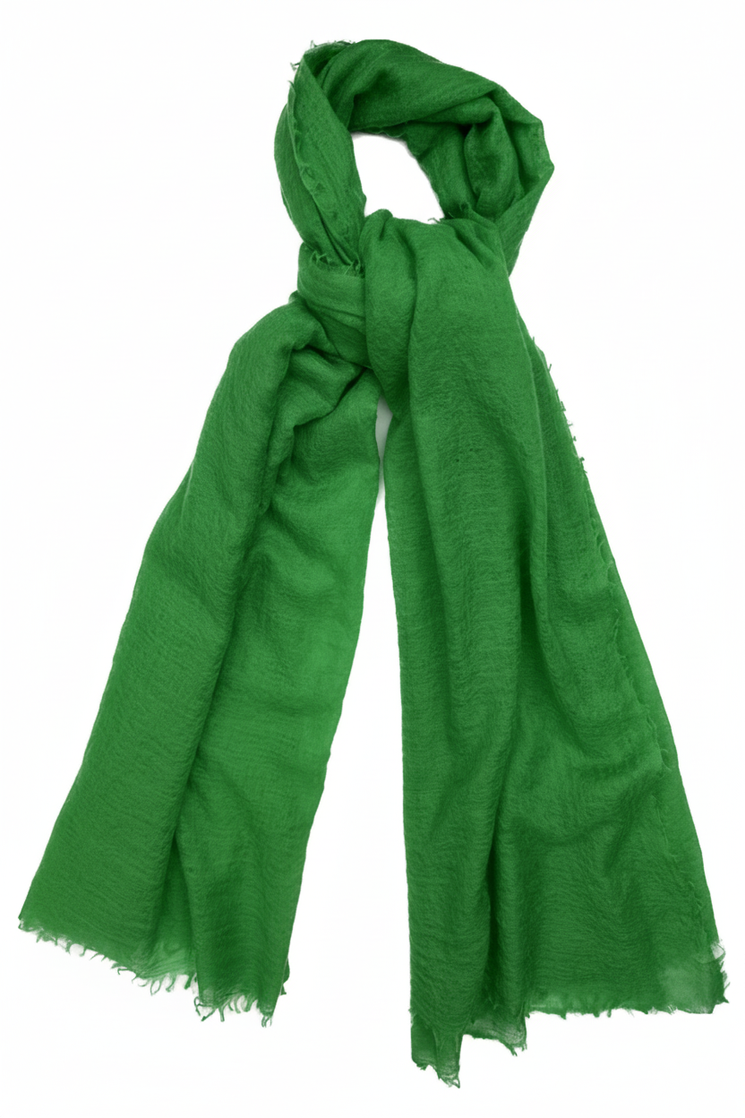 A bright green scarf with a felted texture, displayed on a white background.