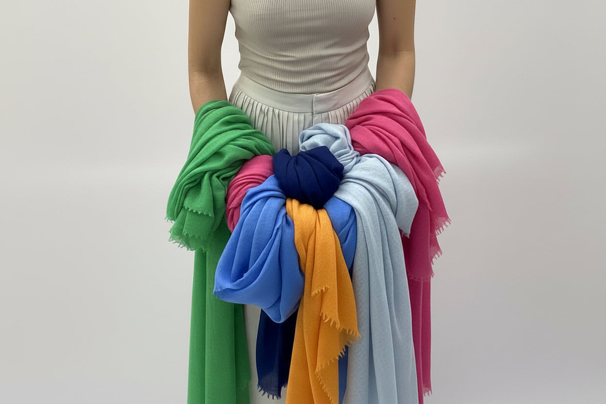 Person holding a colorful bouquet of clothes against a plain background