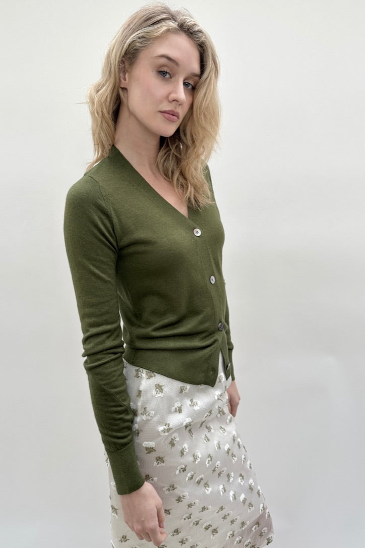 Maeser dark green olive cashmere silk v neck cardigan 
