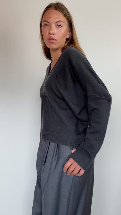 video of v neck charcoal grey cashmere sweater