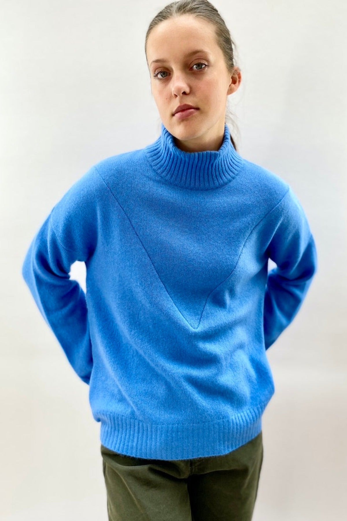 zelda cornflower high neck sweater v detail