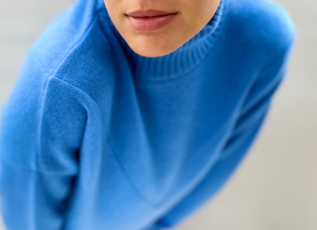 zelda cornflower high neck sweater close up 