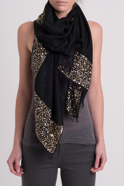 sparkle scarf black gold sequins on model